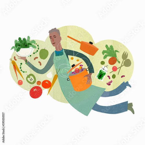 Man floating preparing healthy food