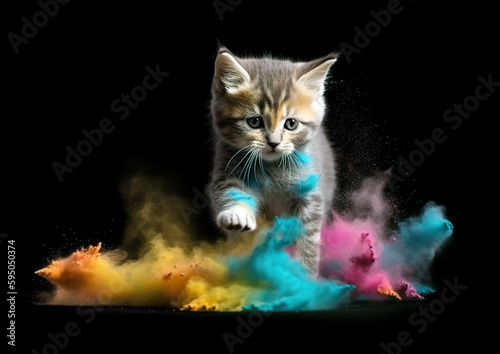 Adorable cute kitten dazzled by a colorful dust explosion and its glow.AI generated illustration.