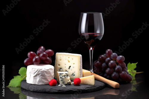 Cheese and red wine composition isolated on black background. Generative AI