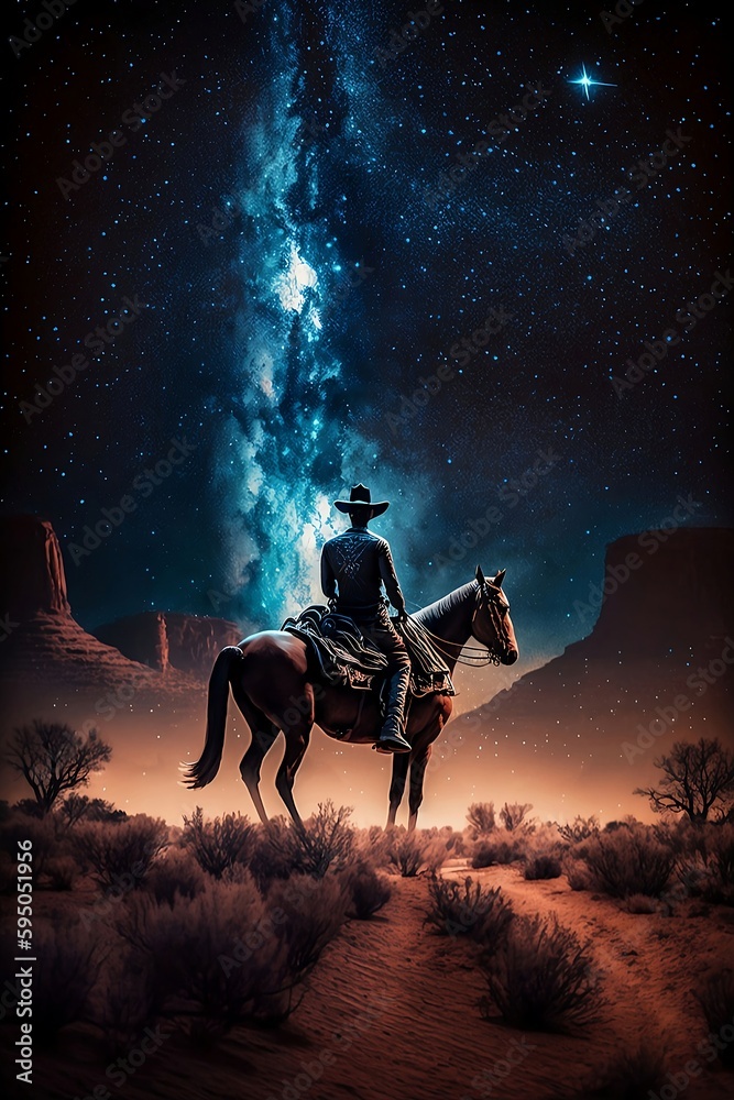 Cowboy Riding Horse Staring at Milky Way Created by Generative Ai