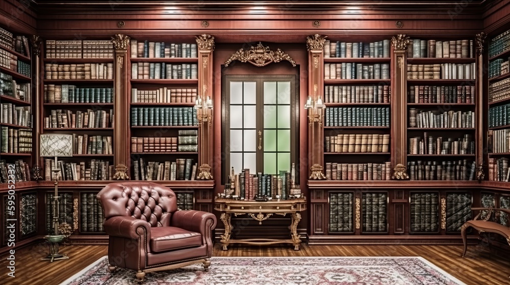 Classical Library Room with a Comfortable Armchair
