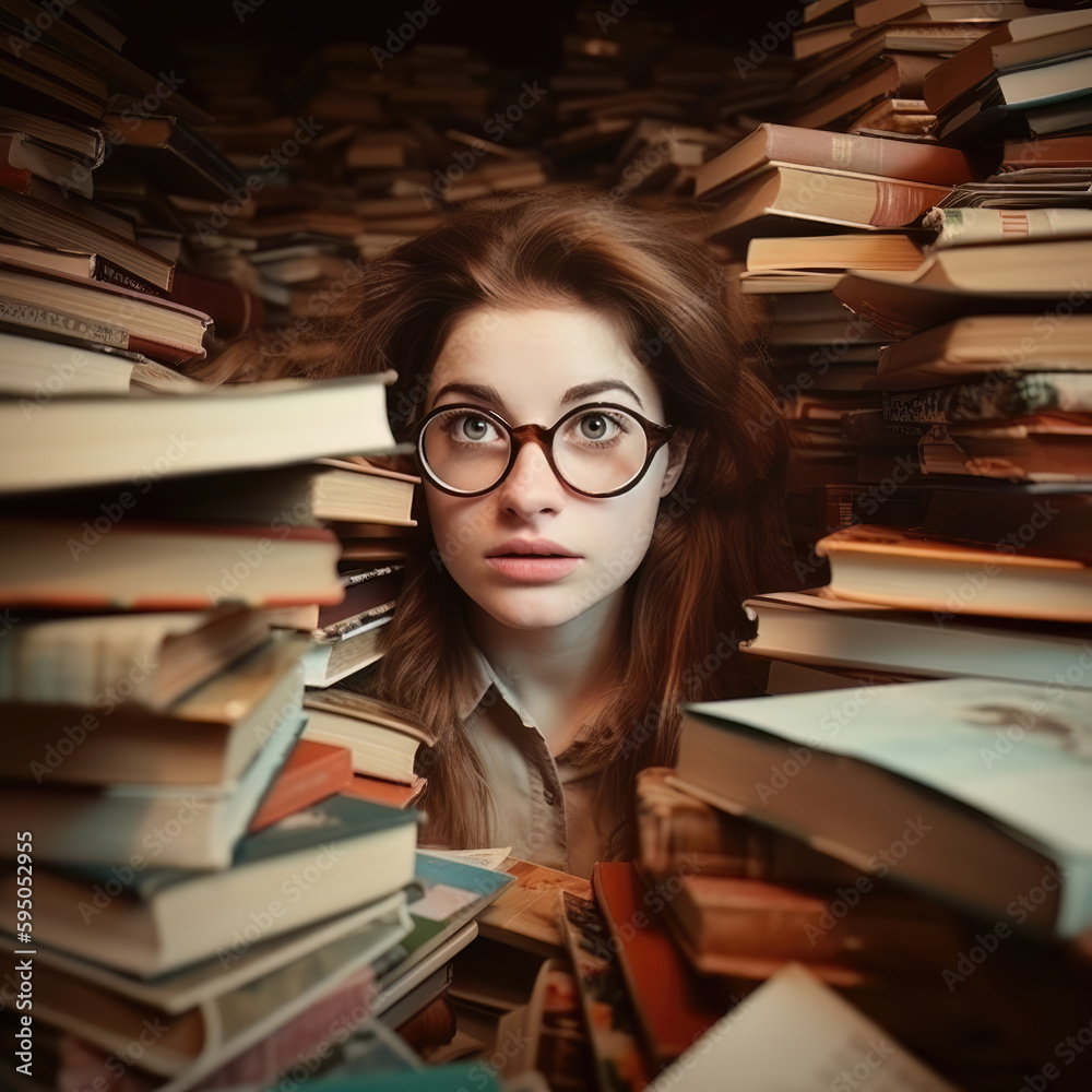 Junge Frau zwischen alten Büchern - Generative AI - obrazy, fototapety, plakaty 