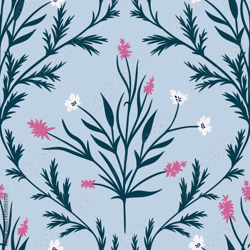 Hand drawn seamless pattern with navy leaves flowers on blue background. Damask print with pink white wildflowers  meadow plants  vintage retro antique baroque style  traditional drapery design.