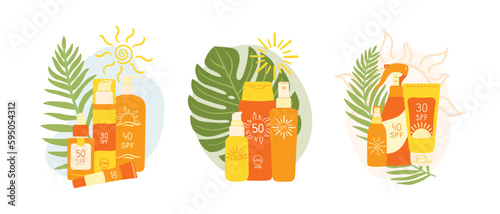 Set of sunscreen product with palm leaf and abstract shape. SPF protection and sun safety concept. SPF sunblock summer products lotion, cream.  Hand drawn vector illustration