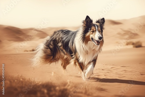 Collie running in a desert. Created by Generative AI