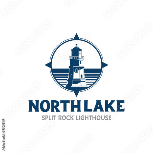 Lighthouse beacon with sea/lake and compass vintage rustic logo design illustration