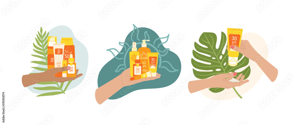 Set of composition of female hands hold sunscreen lotion, cream, spray with sun, palm, monstera leaf and abstract shape. SPF protection, sun safety concept. Hand drawn vector illustration