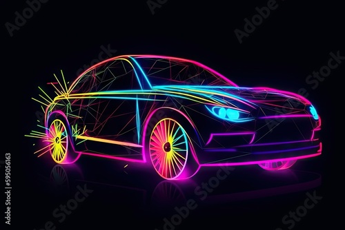 Car line illustration. Car outline. Dark background. Colorful lines. Dots glowing neon light. Generative ai