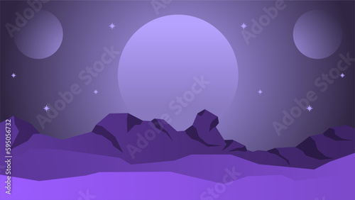 Science fiction landscape vector illustration. Purple planet landscape illustration. Purple galaxy surface mountain. Science fiction vector for background  wallpaper or illustration. Moon planet 