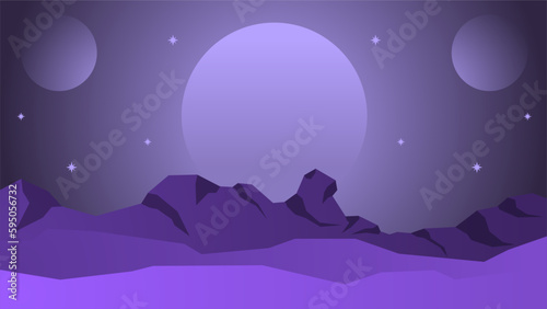 Science fiction landscape vector illustration. Purple planet landscape illustration. Purple galaxy surface mountain. Science fiction vector for background, wallpaper or illustration. Moon planet 