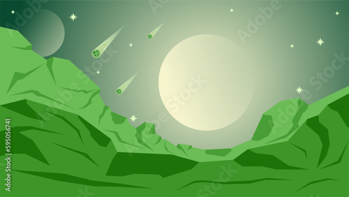 Science fiction landscape vector illustration. Green fiction planet landscape background. Moon in green planet. Science fiction vector for background, wallpaper, display or illustration