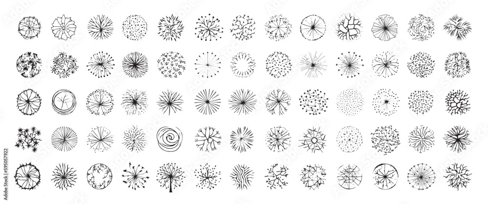 Various green trees, bushes and shrubs, top view for landscape design plan or architectural sketch. Vector illustration, isolated on white background. - obrazy, fototapety, plakaty 