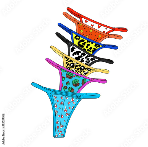 illustration set of women's panties nude lingerie women's colored tiger leopard cupcake hearts love blue candy caramels on white background