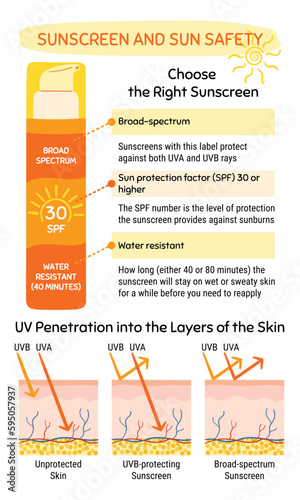 How to choose and apply sunscreen infographic. UV penetration into the layers of the skin. Broad-spectrum, water resistant SPF protection, sun safety concept. Hand drawn vector illustration