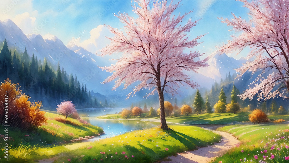 Summer watercolor landscape, generative AI