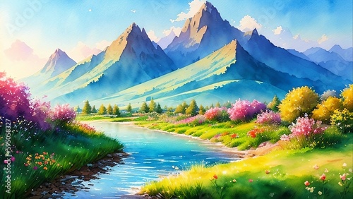 Summer watercolor landscape, generative AI