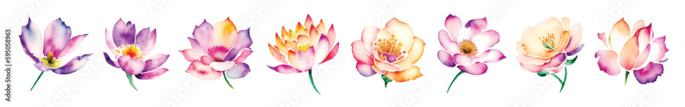 Set of watercolor flowers, vector illustration for decoration. AI generated 