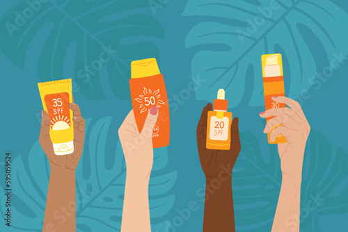Diverse female hands hold sunscreen products. SPF protection and sun safety concept. Set of sunscreen bottle, cream, lotion with monstera leaves. Hand drawn vector illustration