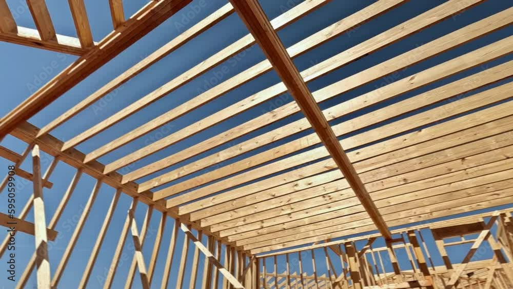 Wooden framework was carried during construction of beam stick home layout joists trusses Wooden framework was carried during construction of beam stick home layout joists trusses