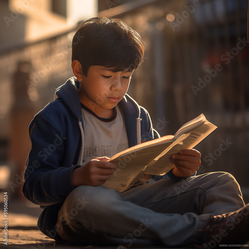 Niño leyendo en la calle, sentado en acera, iluminación natural
