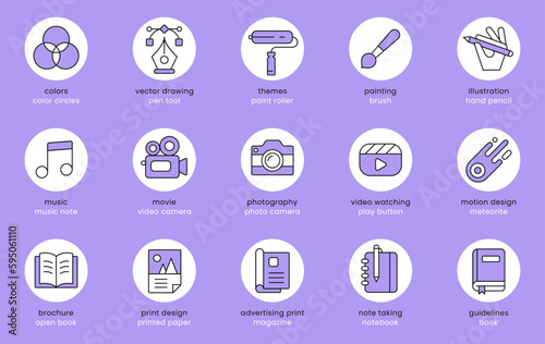Creative icons. multimedia icon set. Creativity and innovation symbols. Flat vector illustrations. Isolated elements. Pictograms for web. Signs collection for content creator.