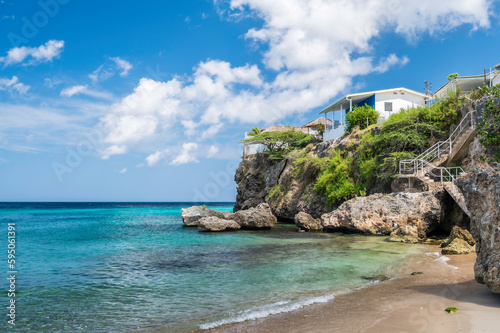 Fototapeta Naklejka Na Ścianę i Meble -  Headland overlooking Playa Grandi beach, on the island of Curacao, in the Dutch Antilles, Caribbean