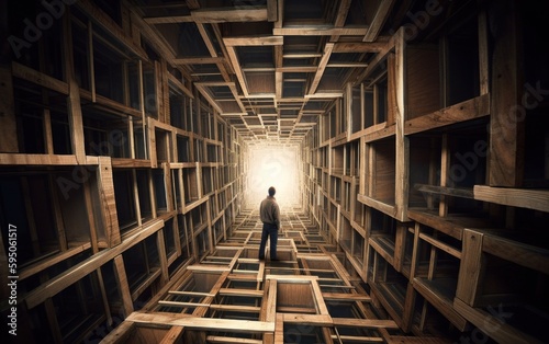 Surreal picture, a person standing in a room with wooden shelves. AI generative image.