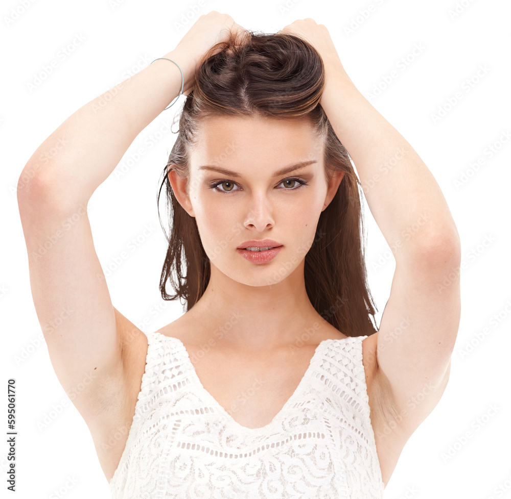 Naklejka premium Beauty, face portrait and hair care of woman isolated on a transparent png background. Natural cosmetics, hairstyle and confident female model with salon treatment for growth, keratin or balayage.