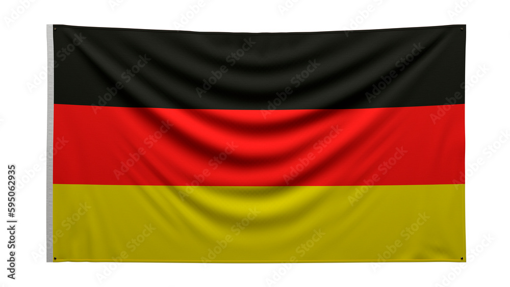 Naklejka premium Textured flag. The flag of Germany hangs on the wall. Texture of dense fabric. The flag is pinned to the wall. German flag on a transparent background.