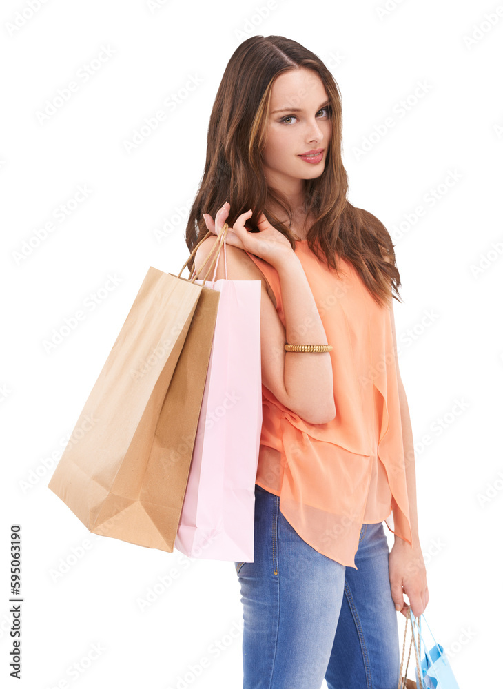 Woman, shopping bag and portrait with sale, clothes or retail discount by transparent png background. Isolated model, girl or customer experience for product, gift or deal at store, shop or boutique Woman, shopping bag and portrait with sale, clothes or retail discount by transparent png background. Isolated model, girl or customer experience for product, gift or deal at store, shop or boutique