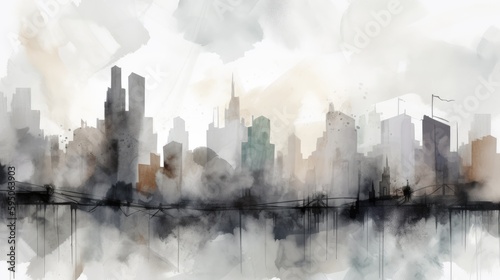 A cityscape background with watercolor splatters in shades of gray and black. 