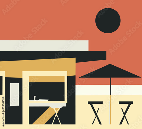 Vibrant outdoor restaurant with the sun in the sky