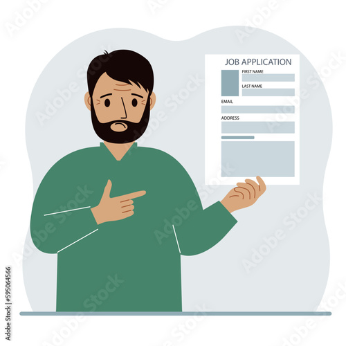 The unemployed man is holding a resume. Candidate with resume. The man is looking for a job. Paper sheet with avatar and skills. Labor market, unemployment problem.