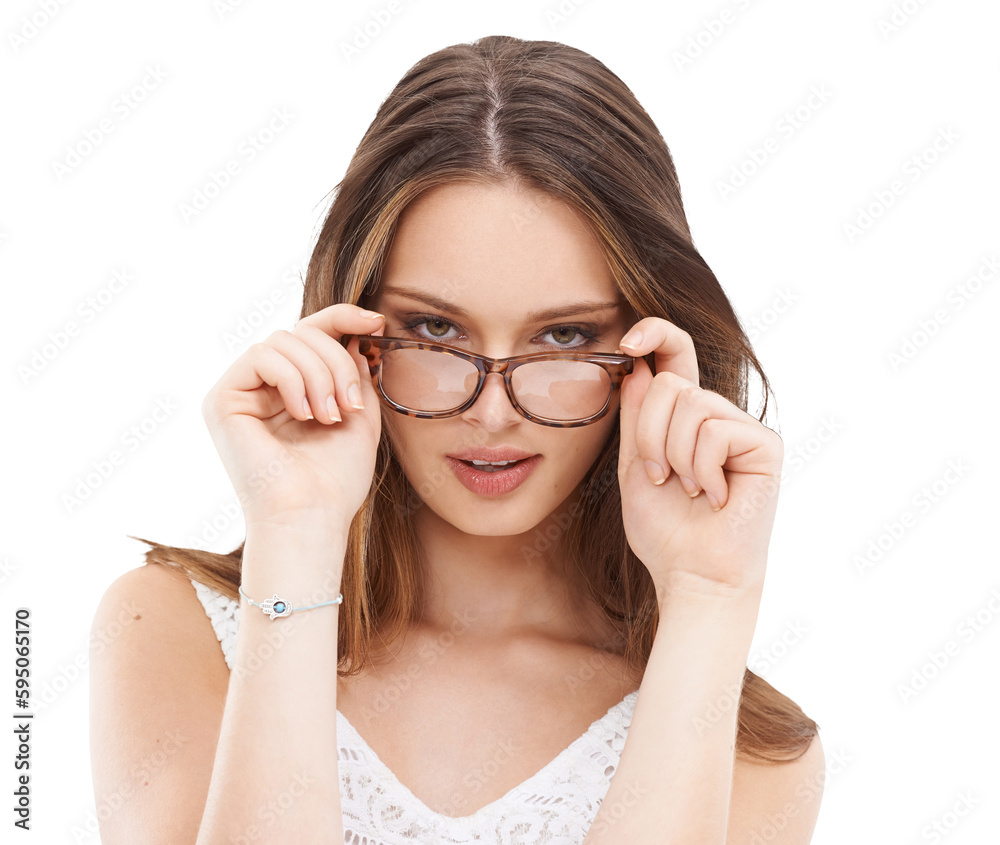 Woman, flirting eyes and glasses in portrait for vision, beauty or designer frame by transparent png background. Isolated girl, model or young student for prescription lens, eye health and reading Woman, flirting eyes and glasses in portrait for vision, beauty or designer frame by transparent png background. Isolated girl, model or young student for prescription lens, eye health and reading