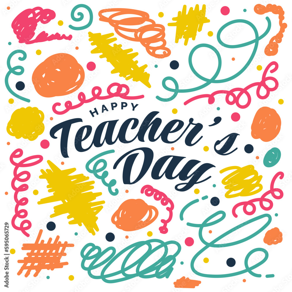 Happy Teachers Day Lettering with Colorful Childish Freehand Scribble Style. Teachers Day Typography, Can be used for Card, Poster, and Print
