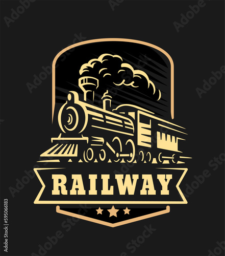 Retro train, vintage emblem on black background.