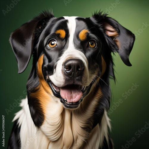 studio headshot portrait of brown white and black medium mixed breed dog smiling against a green background. Generative AI