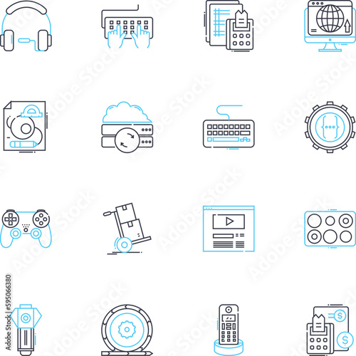 Machine data linear icons set. Logs, Metrics, Performance, Analytics, Monitoring, Devices, Sensors line vector and concept signs. Telemetry,Configurations,Operations outline illustrations