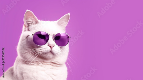 Cat in sunglasses, on a purple background. Generative AI