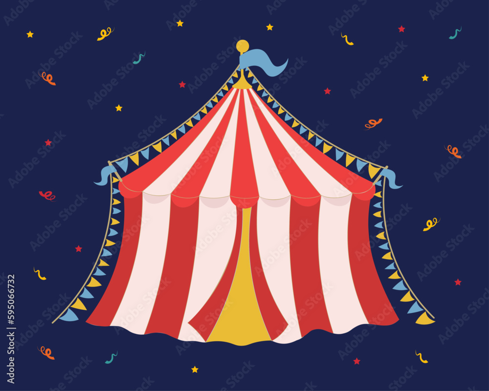 A drawing of a circus tent with a blue background. Funfair red and white carnival court with flags A drawing of a circus tent with a blue background. Funfair red and white carnival court with flags