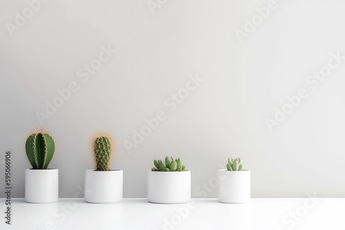 different cacti on the table. minimalist light design. AI Generated