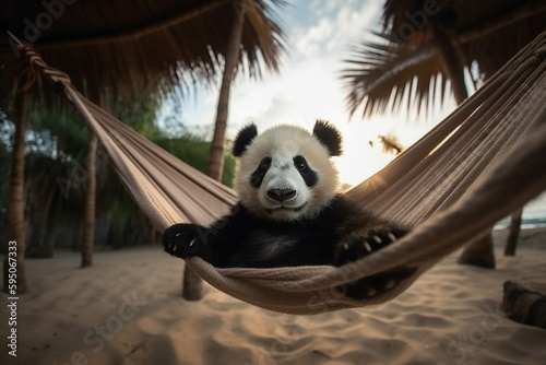 Photo of panda bear on a hammock in a tropical beach. Animal influencer.