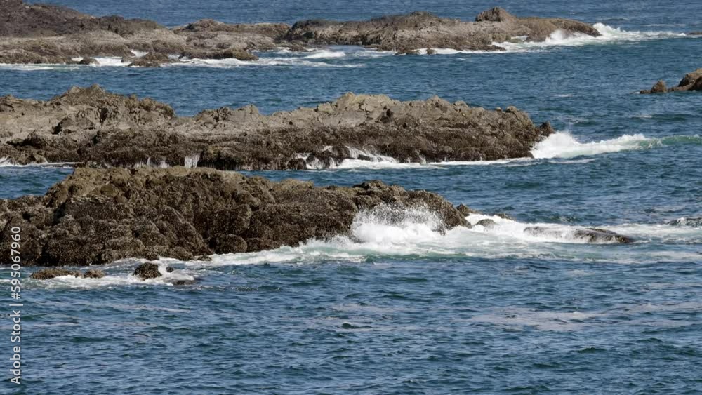 Rocky Shoreline on the West Coast of Pacific Ocean. Ucluelet, Vancouver Island, BC, Canada. Canadian Nature Background. Slow Motion Rocky Shoreline on the West Coast of Pacific Ocean. Ucluelet, Vancouver Island, BC, Canada. Canadian Nature Background. Slow Motion