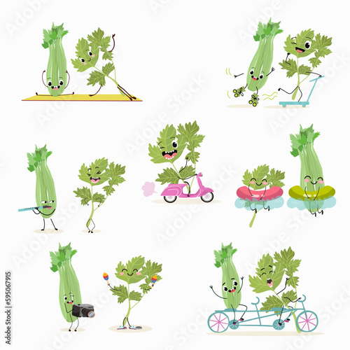 Illustration vector set, collection with funny characters celery, parsley.  Funny and healthy food. Vitamins, cute face food, ingredients, vegetarian, vector cartoon,Seasoning, salad ingredients.