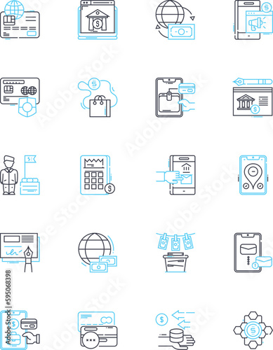 Currency linear icons set. Exchange, International, Trade, Digital, Valuation, Fiat, Transfer line vector and concept signs. Reserve,Conversion,Coinage outline illustrations