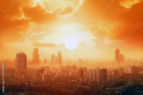 Global warming. Extreme heat in the city. Hazy orange sky over the cityscape. Generative AI