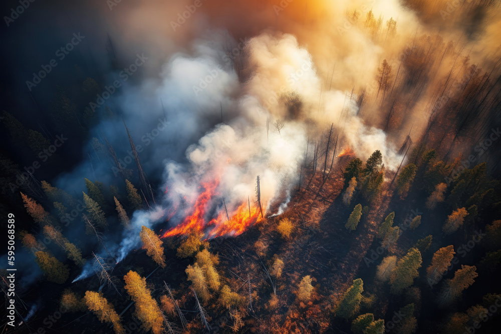 Devastation from Above: Aerial View of Forest Fire on Mountain. Generative Ai