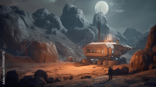 small outpost on an alien planet, game concept art style. generative AI photo