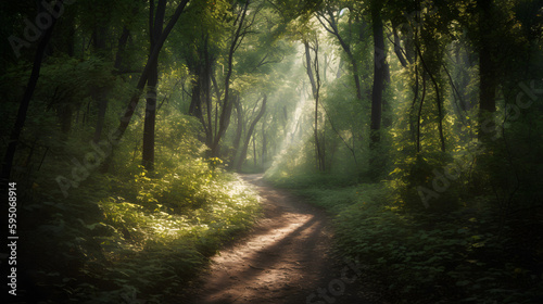 A serene image of a quiet forest path, with sunlight filtering through the trees.
