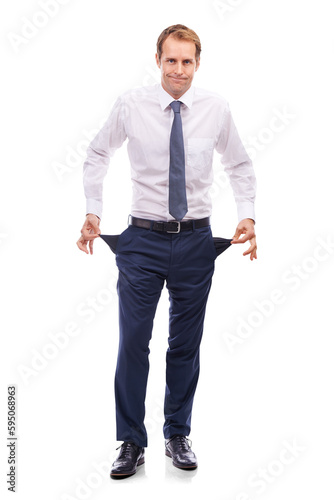 Business man portrait, empty pockets and finance crash with bankruptcy from investment. Poor, broke and corporate banking issue with debt of businessman isolated on a transparent png background